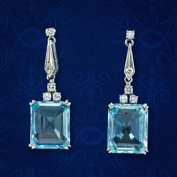 Art Deco Aquamarine Diamond Drop Earrings 18ct Gold 6.5ct Aquas