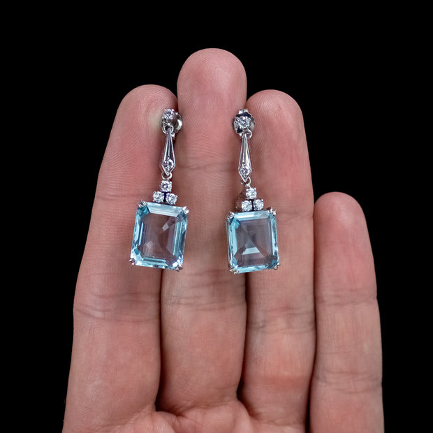 Art Deco Aquamarine Diamond Drop Earrings 18ct Gold 6.5ct Aquas