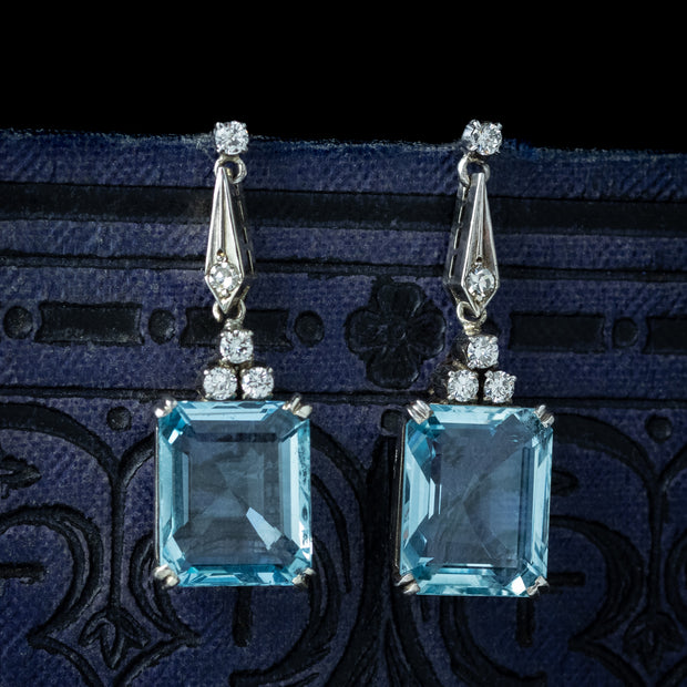 Art Deco Aquamarine Diamond Drop Earrings 18ct Gold 6.5ct Aquas