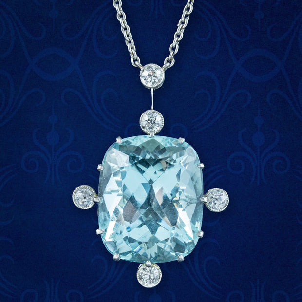 Art Deco Aquamarine Diamond Lavaliere Pendant Necklace 14.5ct Aqua