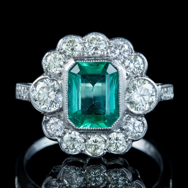 Art Deco Emerald Diamond Cluster Ring 1.8ct Emerald