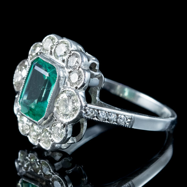 Art Deco Emerald Diamond Cluster Ring 1.8ct Emerald