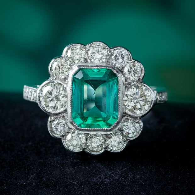 Art Deco Emerald Diamond Cluster Ring 1.8ct Emerald