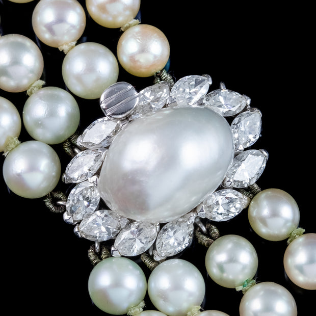 Art Deco Four Strand Pearl Necklace With Pearl Diamond Clasp