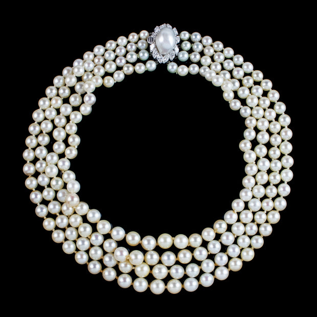 Art Deco Four Strand Pearl Necklace With Pearl Diamond Clasp