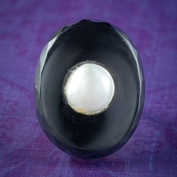 Art Deco Onyx Pearl Cocktail Ring 