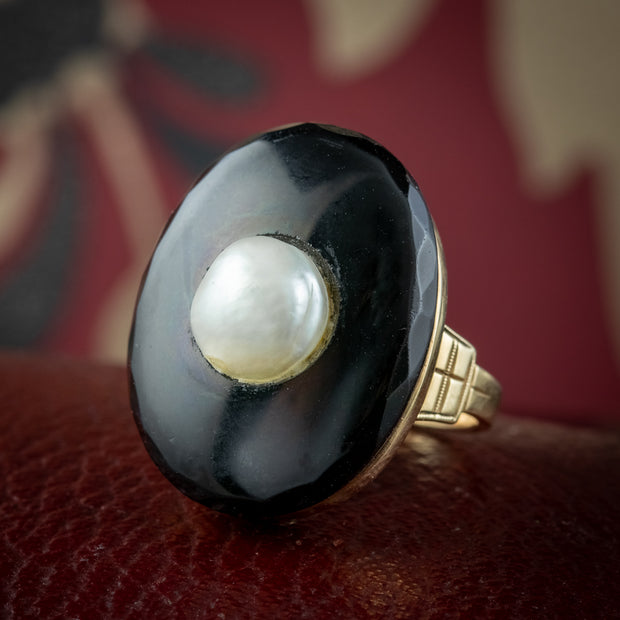 Art Deco Onyx Pearl Cocktail Ring 