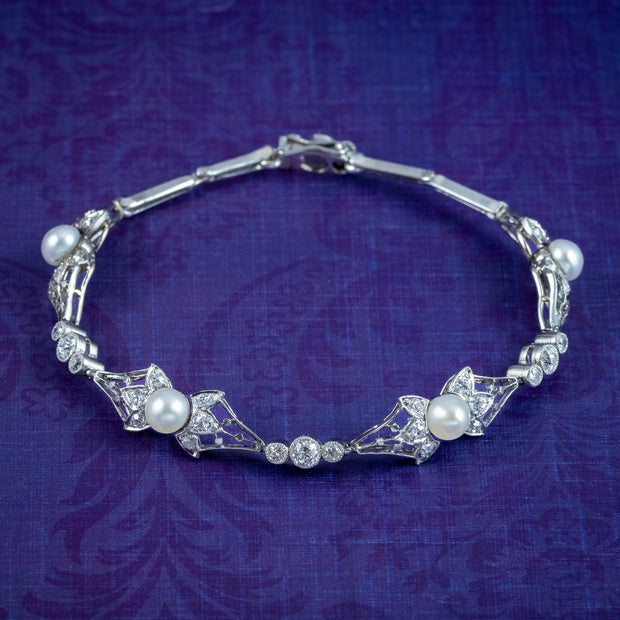 Art Deco Pearl Diamond Bracelet 18ct Gold 2.5ct Of Diamond