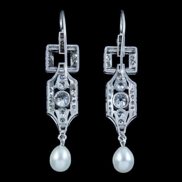 Art Deco Pearl Diamond Drop Earrings Platinum 3ct Diamond