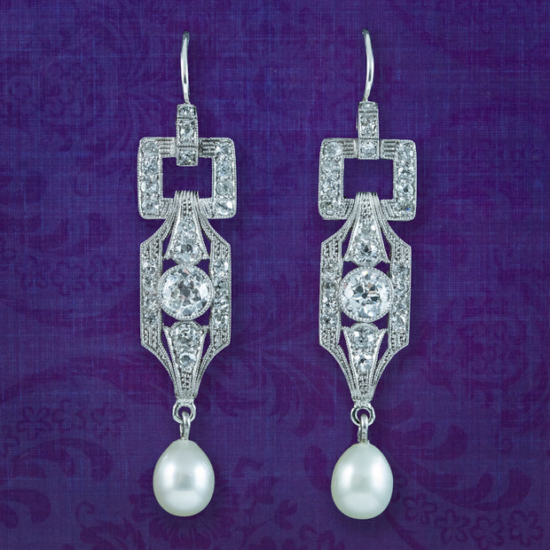 Art Deco Pearl Diamond Drop Earrings Platinum 3ct Diamond