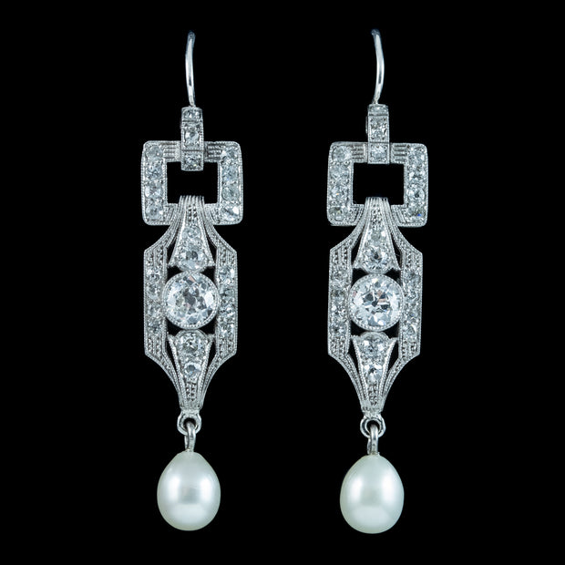 Art Deco Pearl Diamond Drop Earrings Platinum 3ct Diamond