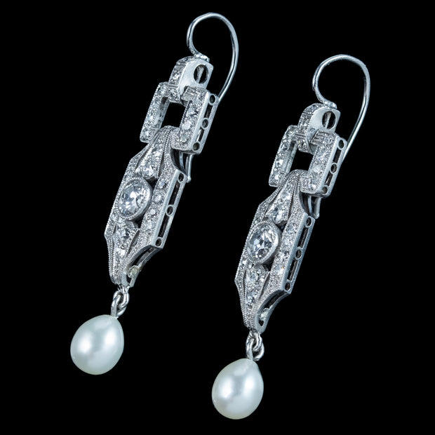 Art Deco Pearl Diamond Drop Earrings Platinum 3ct Diamond