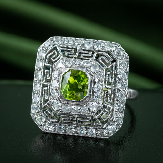 Art Deco Peridot Diamond Cluster Cocktail Ring 