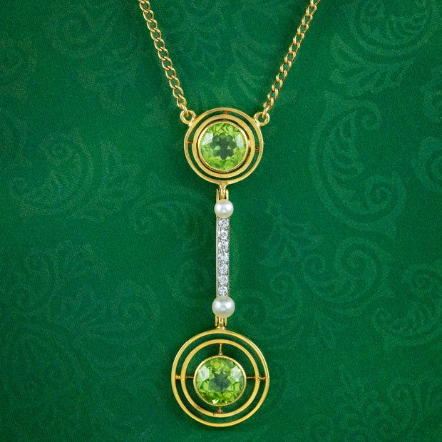 Art Deco Peridot Diamond Pearl Lavaliere Necklace 15ct Gold 