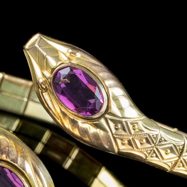 Art Deco Double Snake Bangle Violet Paste Rolled Gold 