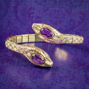 Art Deco Double Snake Bangle Violet Paste Rolled Gold 