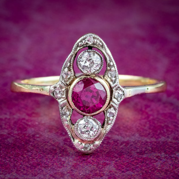 Art Deco Ruby Diamond Cluster Ring 0.24ct Ruby