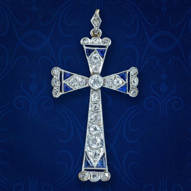 Art Deco Sapphire Diamond Cross Pendant 18ct Gold