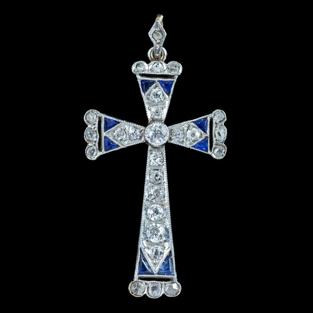 Art Deco Sapphire Diamond Cross Pendant 18ct Gold