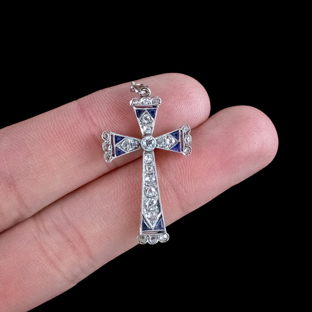 Art Deco Sapphire Diamond Cross Pendant 18ct Gold