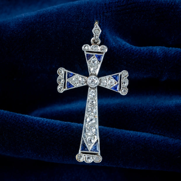 Art Deco Sapphire Diamond Cross Pendant 18ct Gold