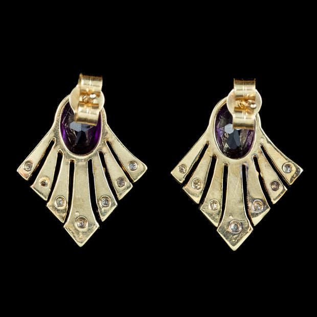 Art Deco Style Amethyst Diamond Fan Earrings 9ct Gold