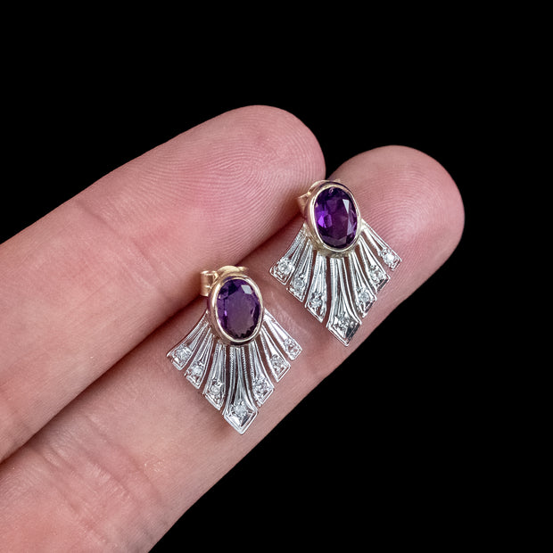 Art Deco Style Amethyst Diamond Fan Earrings 9ct Gold