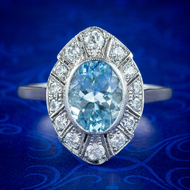 Art Deco Style Aquamarine Diamond Cluster Ring 1.5ct Aqua