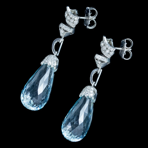 Art Deco Style Aquamarine Diamond Drop Earrings 18Ct Gold 25ct of Aquab