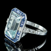 Art Deco Style Aquamarine Sapphire Diamond Cocktail Ring 7.29ct Aqua