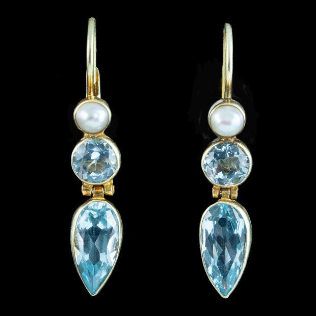 Art Deco Style Blue Topaz Pearl Drop Earrings