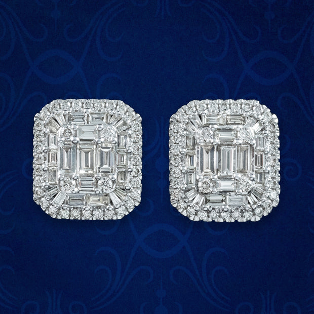 Art Deco Style Diamond Cluster Stud Earrings 18ct Gold 2.25ct Total