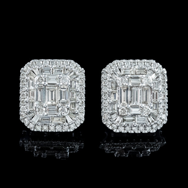 Art Deco Style Diamond Cluster Stud Earrings 18ct Gold 2.25ct Total