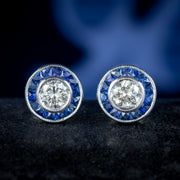 Art Deco Style Diamond Sapphire Target Stud Earrings 18ct Gold