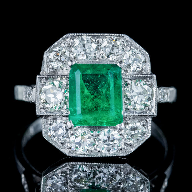 Art Deco Style Emerald Diamond Cluster Ring 1.8ct Emerald 