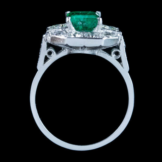 Art Deco Style Emerald Diamond Cluster Ring 1.8ct Emerald 