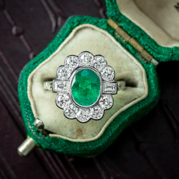 Art Deco Style Emerald Diamond Cluster Ring 2ct Emerald
