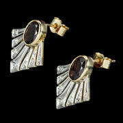 Art Deco Style Garnet Diamond Fan Earrings 9ct Gold