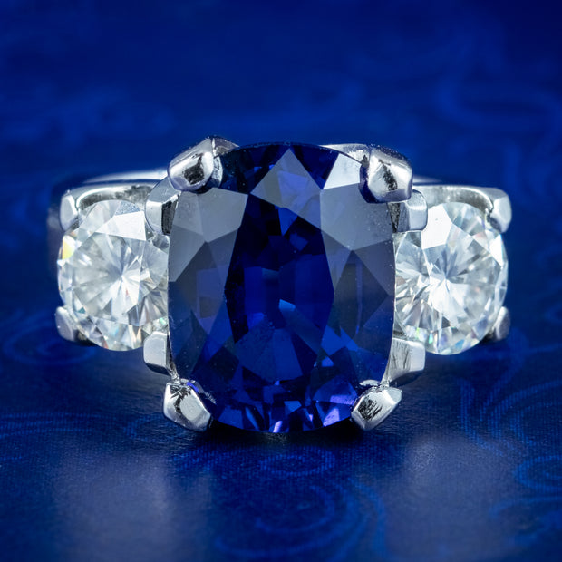 Art Deco Style Sapphire Moissanite Trilogy Ring 6ct Lab Created Sapphire