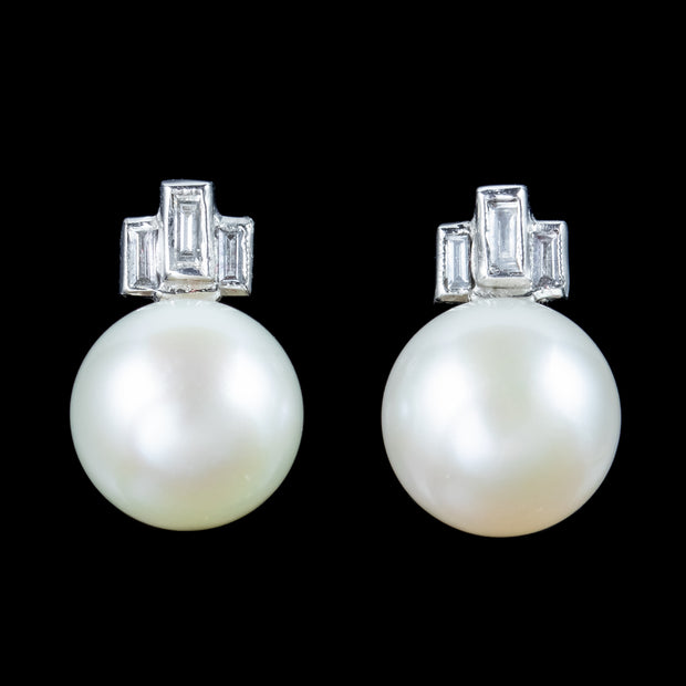 Art Deco Style Pearl Diamond Stud Earrings 18ct Gold