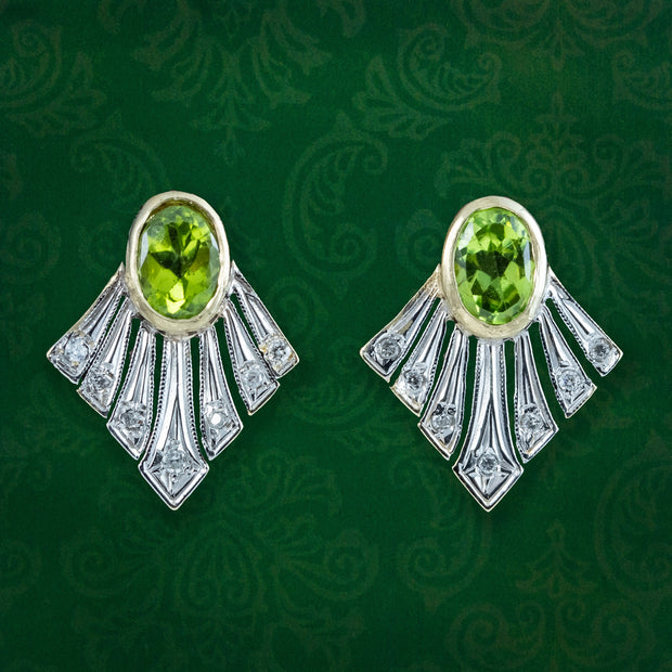 Art Deco Style Peridot Diamond Fan Earrings 9ct Gold