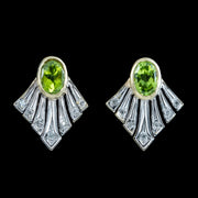 Art Deco Style Peridot Diamond Fan Earrings 9ct Gold