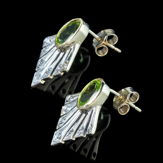 Art Deco Style Peridot Diamond Fan Earrings 9ct Gold