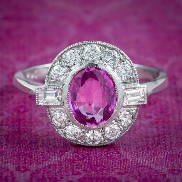 Art Deco Style Pink Sapphire Diamond Cluster Ring 1ct Sapphire