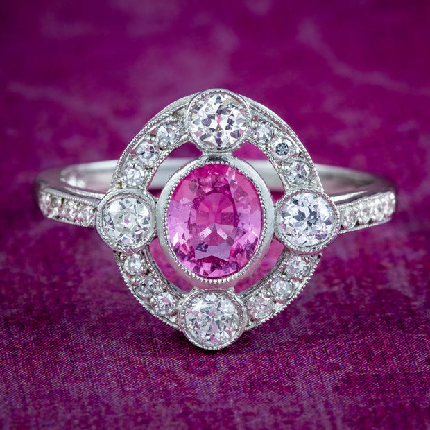 Art Deco Style Pink Sapphire Diamond Cluster Ring 0.75ct Sapphire