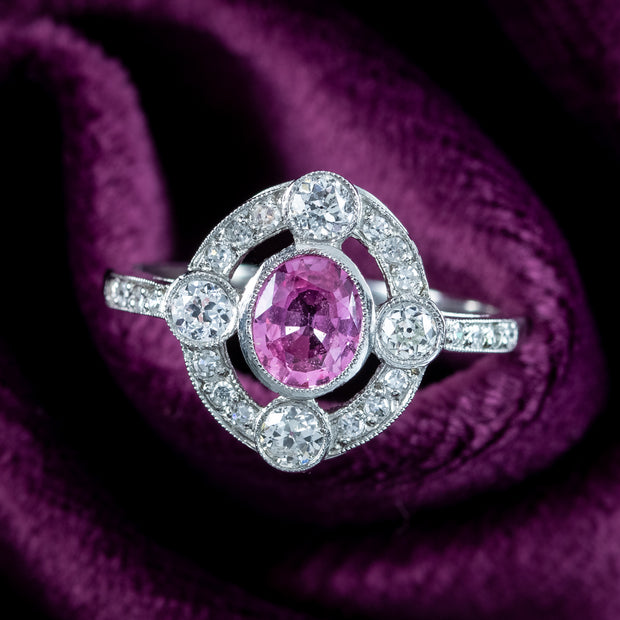 Art Deco Style Pink Sapphire Diamond Cluster Ring 0.75ct Sapphire