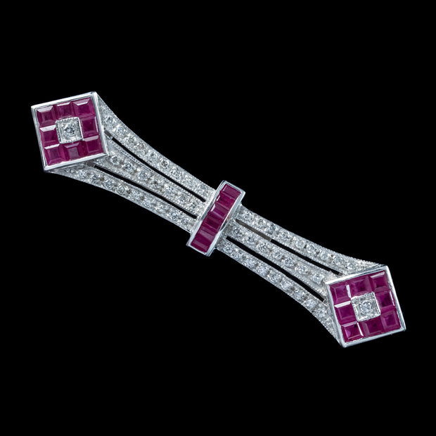 Art Deco Style Ruby Diamond Bar Brooch 18ct Gold