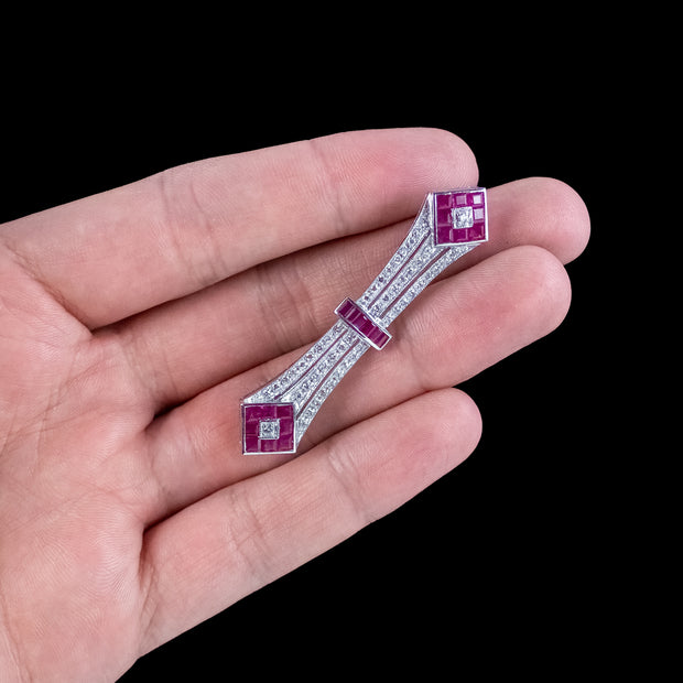 Art Deco Style Ruby Diamond Bar Brooch 18ct Gold