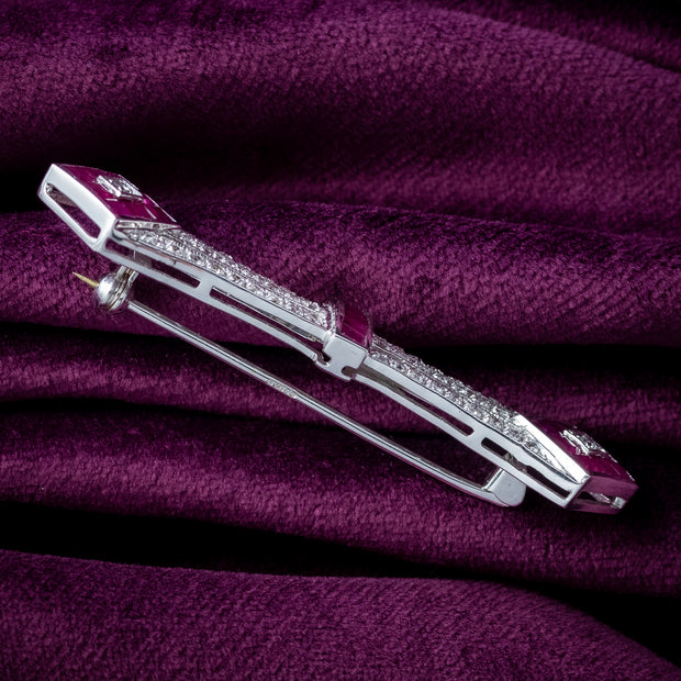 Art Deco Style Ruby Diamond Bar Brooch 18ct Gold