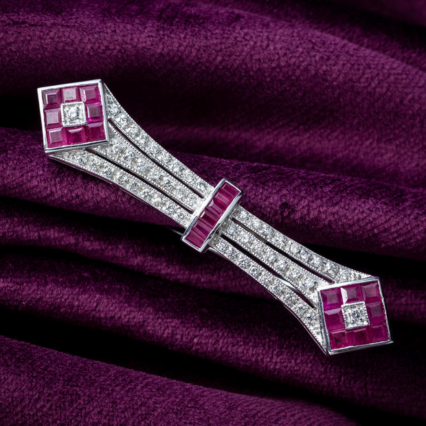 Art Deco Style Ruby Diamond Bar Brooch 18ct Gold